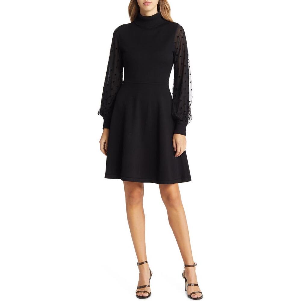 Eliza J Black Mini Dress with Sheer Polka Dot Sleeves